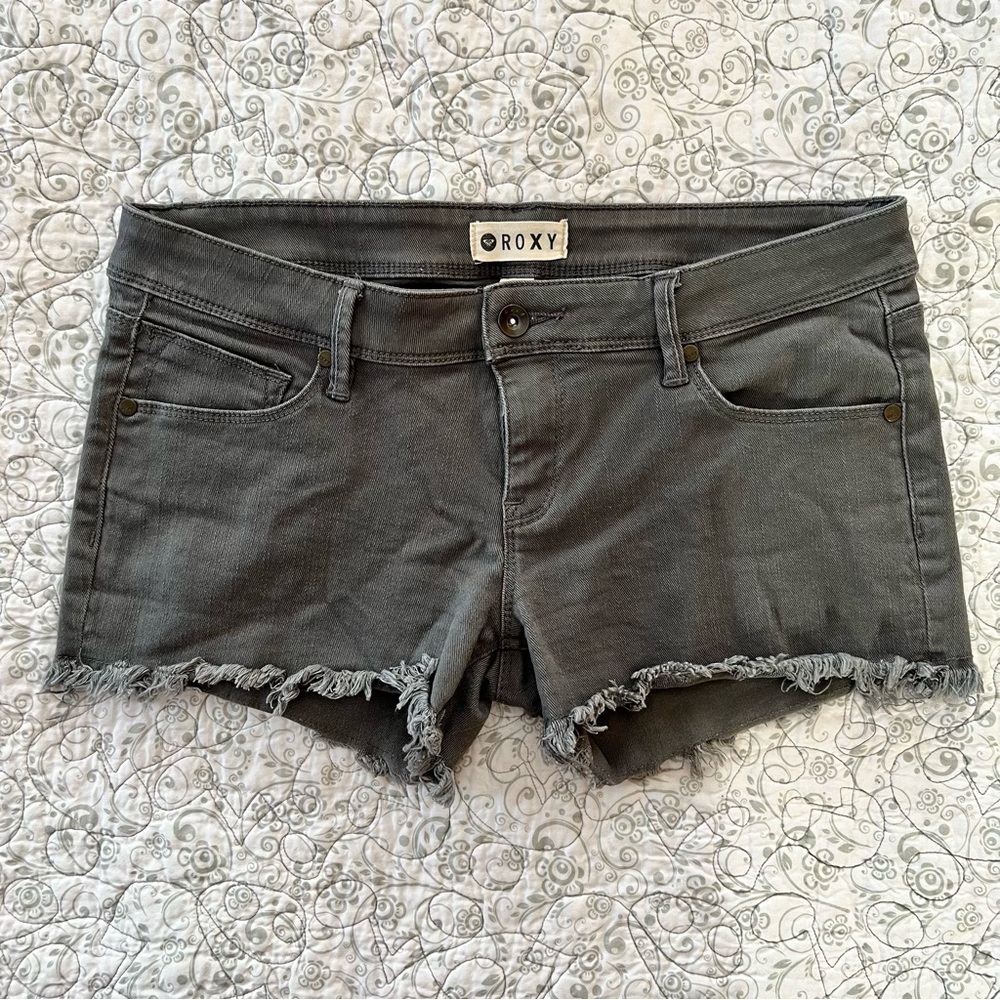 Roxy Women's Charcoal Jean 5 Pkt Micro Shorts Frayed Low-rise Beach Sporty